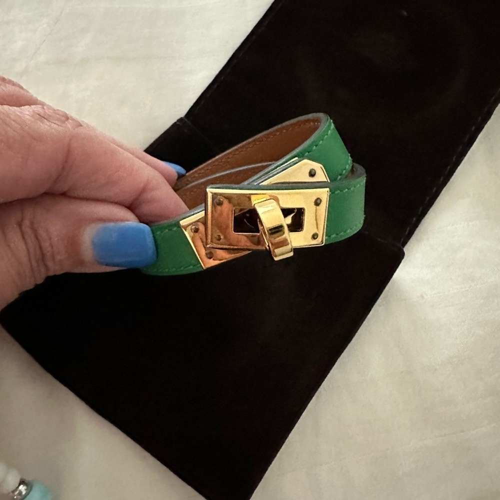 Hermes Green Leather Bracelet with Gold Hardware